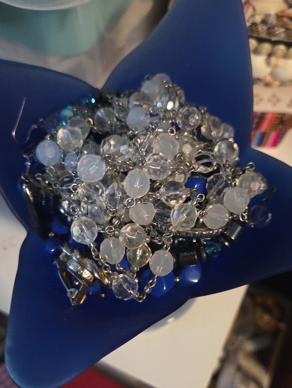 Blue Cobalt Glass Floral Vase Filled With Jewelry